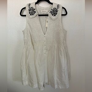 Anthropologie White Sleeveless Romper with Black Embroidery